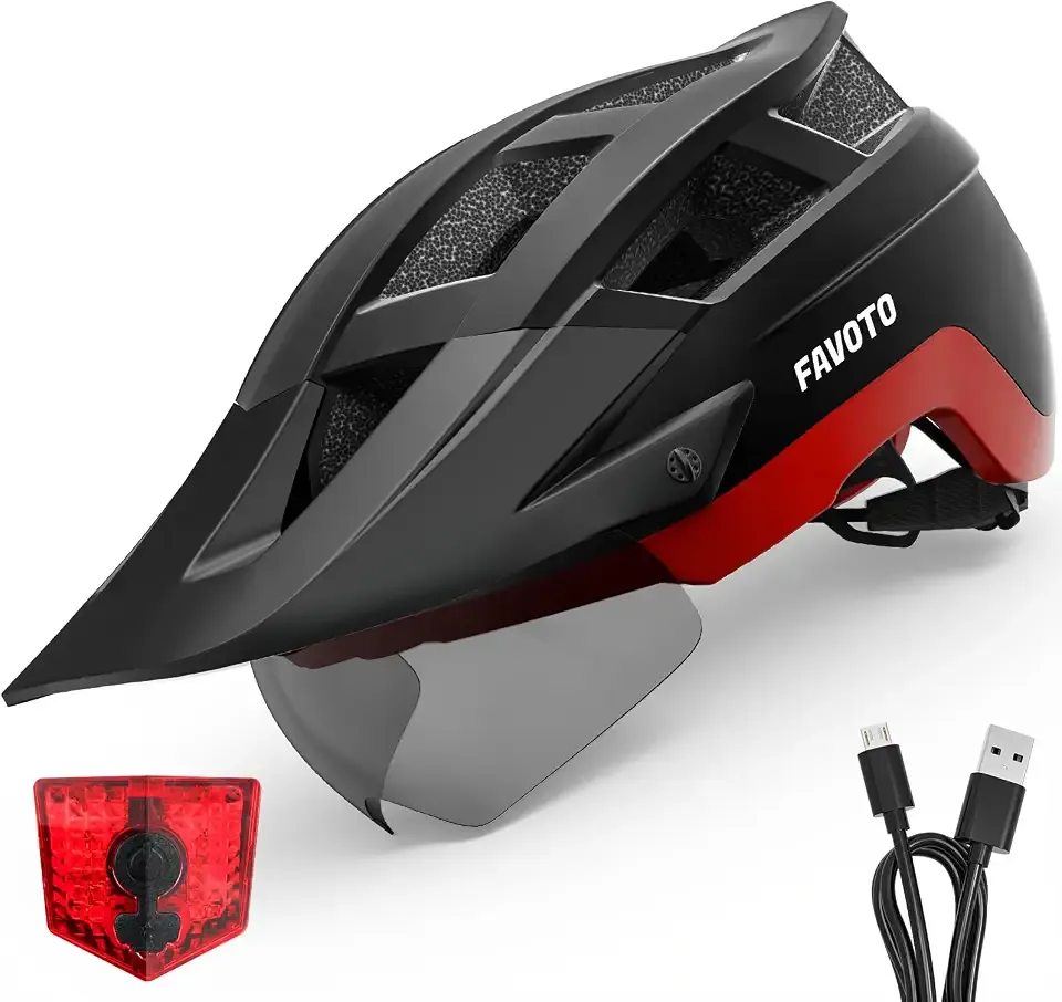 Favoto Bike Helmet with Rechargeable Rear Light, Magnetic Goggles & Detachable Visor, Lightweight MTB & Road Bicycle Helmet for Men Women, Comfort Commuter Cycling Helmet