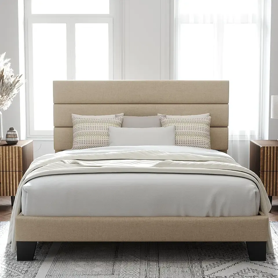 Queen Size Platform Bed Frame with Fabric Upholstered Headboard and Wooden Slats Support, Fully Upholstered Mattress Foundation/No Box Spring Needed/Easy Assembly, Beige