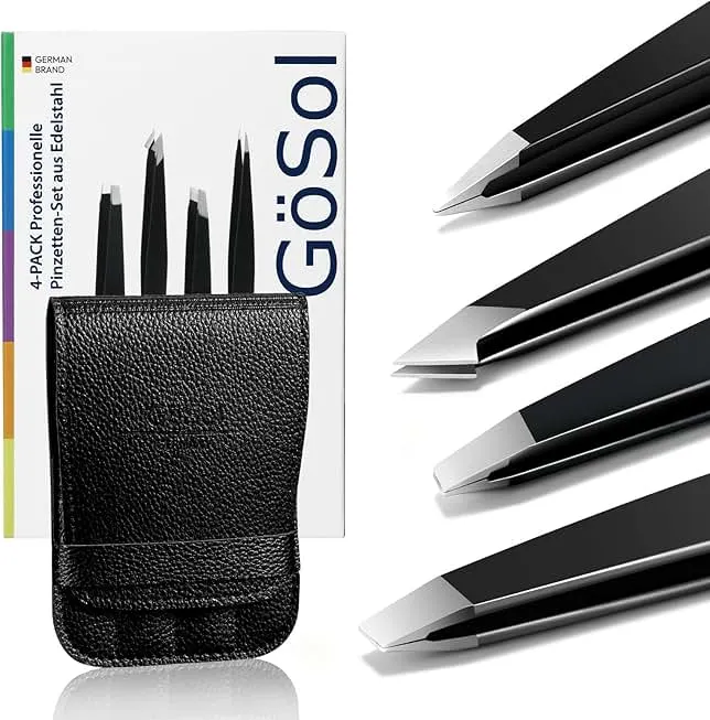 Tweezers Set - 4Pcs Professional Stainless Steel Eyebrows Tweezers for Women Facial Hair, High Precision Tweezers with Slant, Pointed, Flat T…