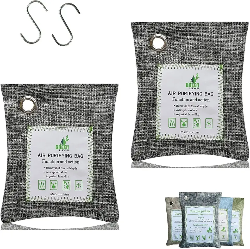 Bamboo Charcoal Bags Odor Absorber, 2 Packs 100g Charcoal Deodorizer Bags with Hooks, Nature Bamboo Charcoals Air Purifying Bags Activated Charcoals Odor Absorbers for Home Cars Pet Closet Bathroom