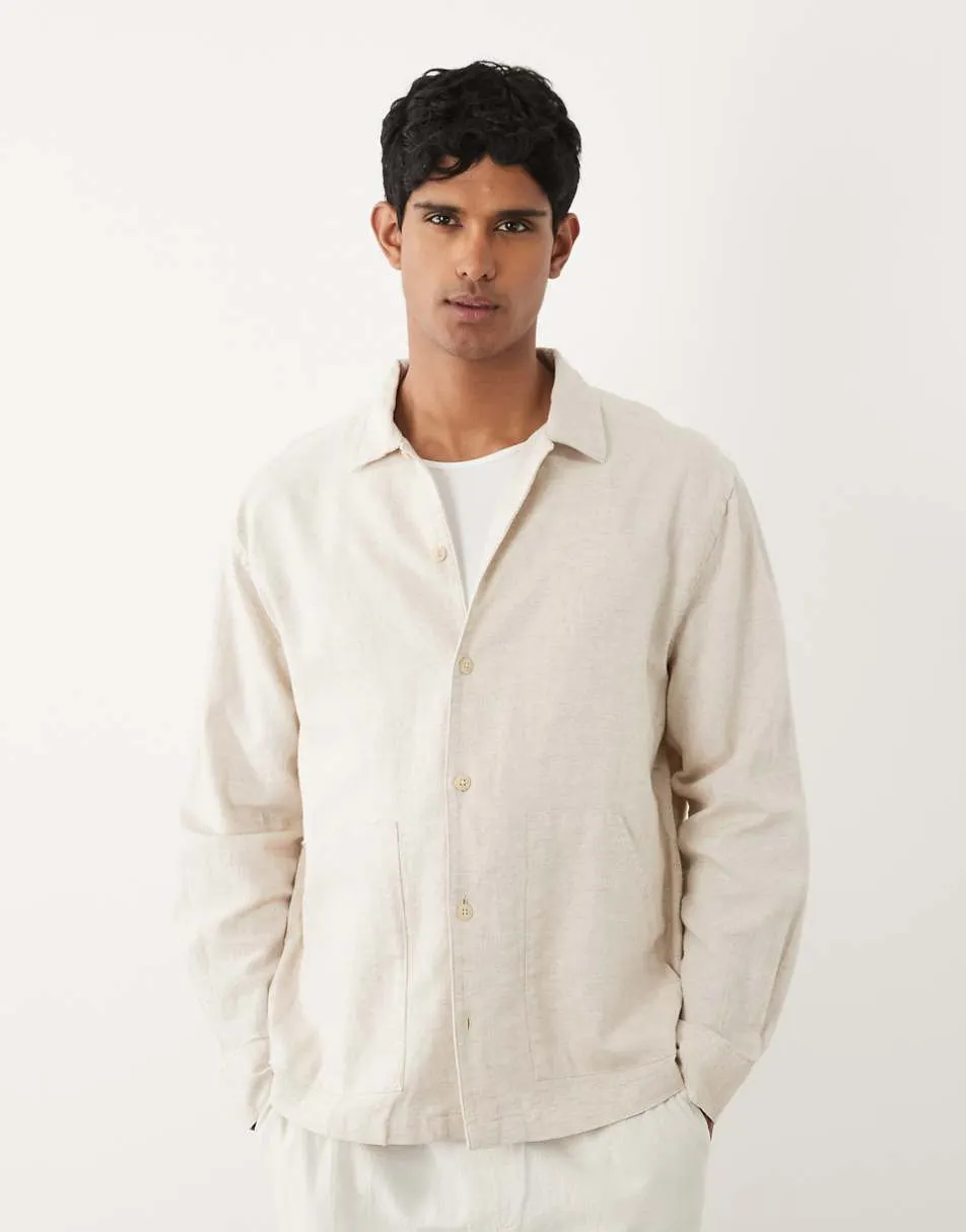ASOS DESIGN relaxed shirt with linen with double pockets in cream