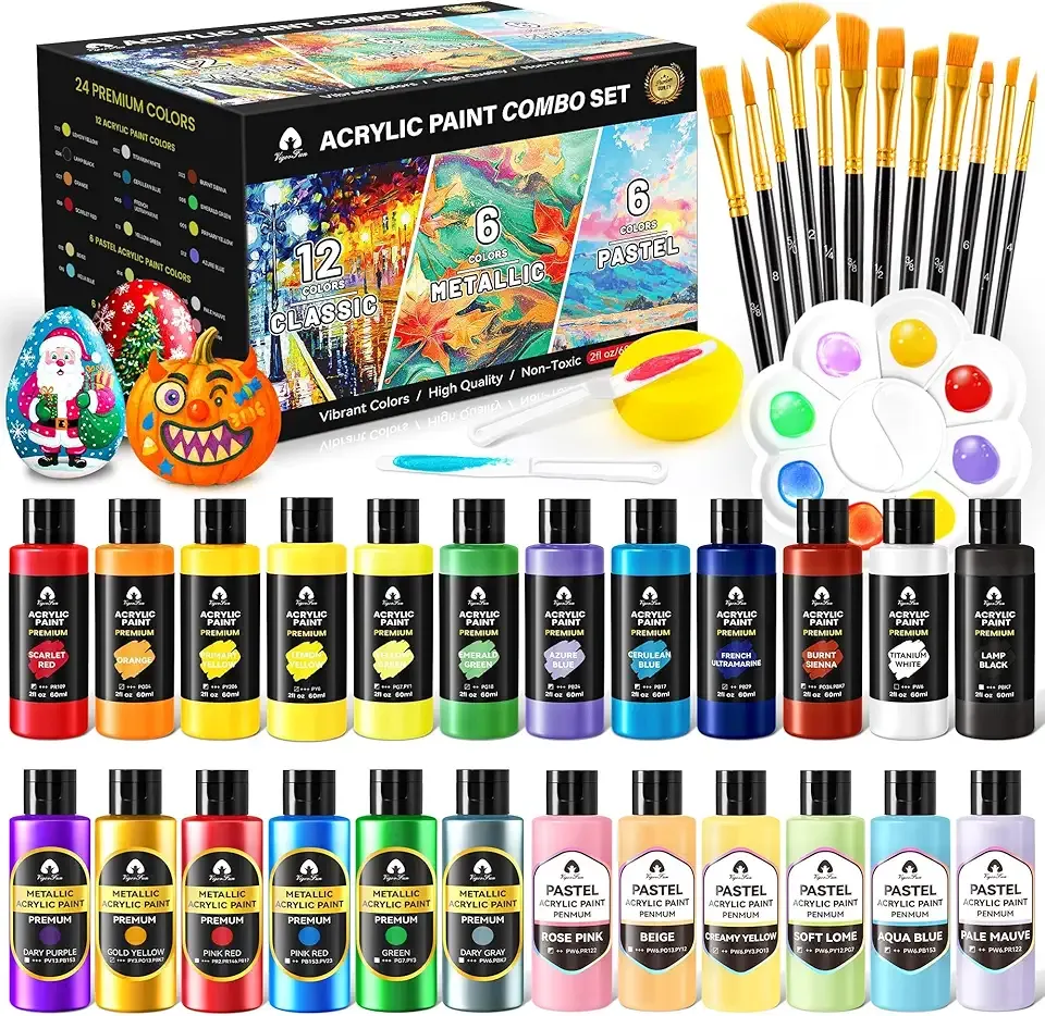 40 Pcs Classic & Metallic & Pastel Acrylic Paint Set with 12 Brushes, 2 Knives & Palette, 24 Colors (2oz/60ml) - for Adults, Kids, Artists & Beginners - Arts and Crafts Painting Kit
