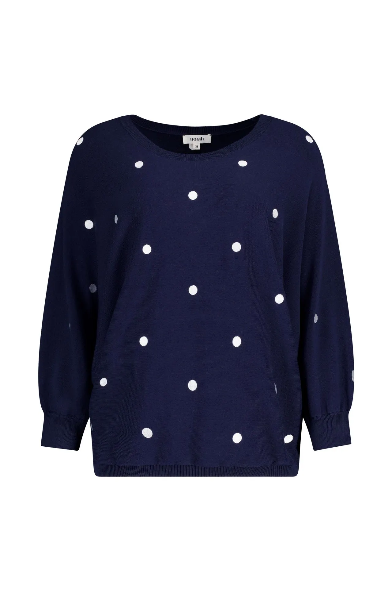 Donkerblauwe fijngebreide trui met polkadots
