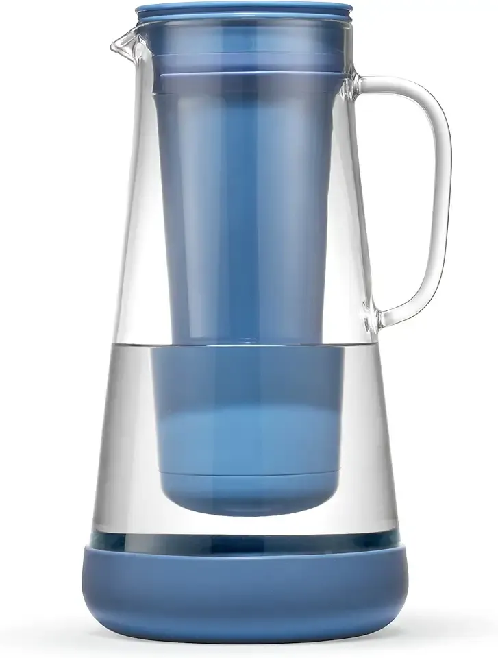 LifeStraw Home– Water Filter Pitcher, 7-Cup, Glass with Silicone Base, Stormy Blue, for Everyday Protection Against Bacteria, parasites, microplastics, Lead, Mercury, PFAS and a Variety of Chemicals
