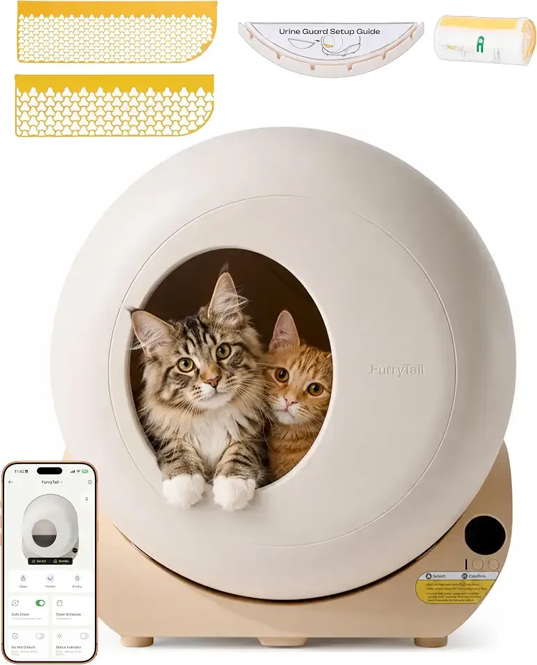 Furrytail Automatic Litter Box Self Cleaning with Night Light, Cream | Smart Safety Sensors, Advanced Odor & Leak Control, Large Capacity for Multi Cat Homes, with App Control & 40 Trash Bags