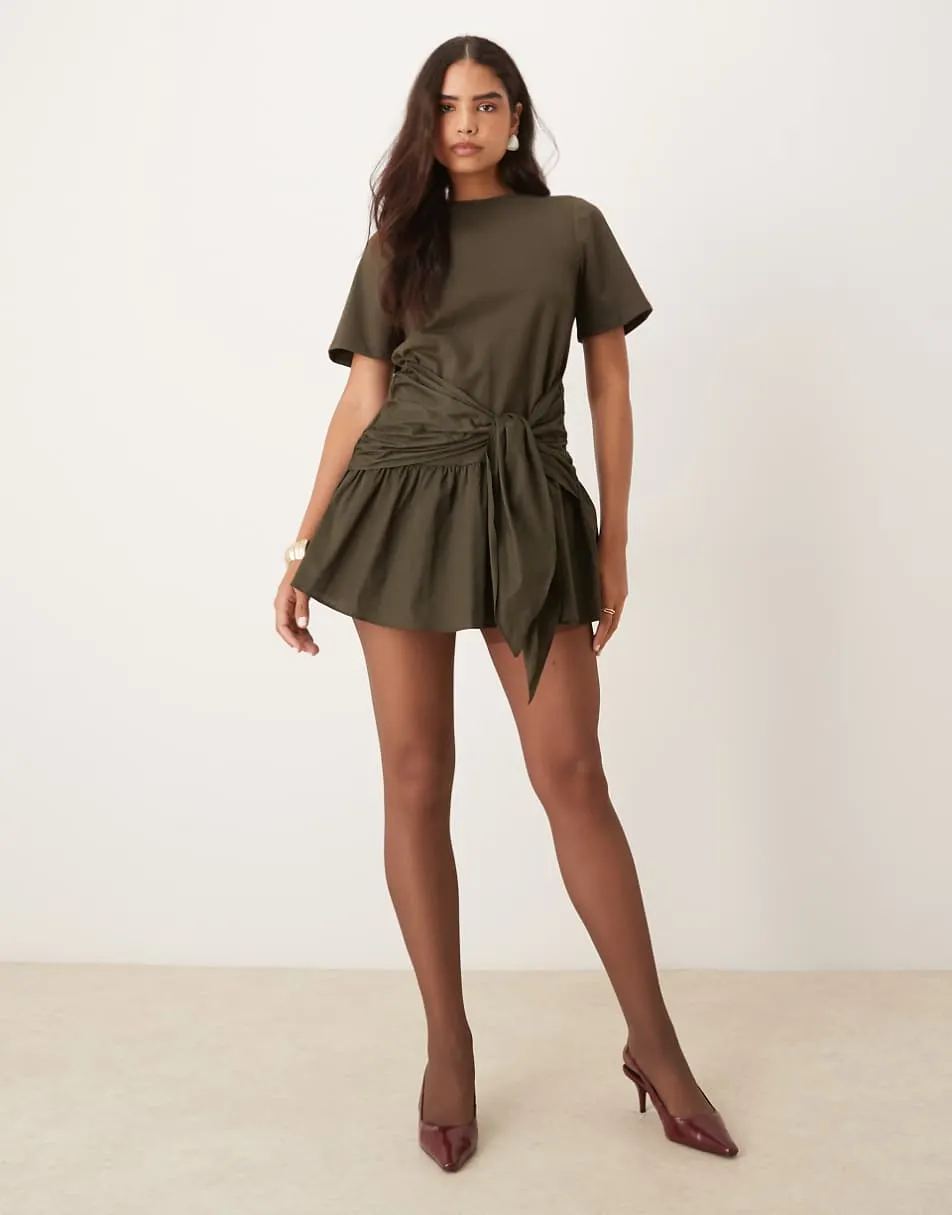 ASOS DESIGN tie front T-shirt mini dress with poplin skirt in deep olive