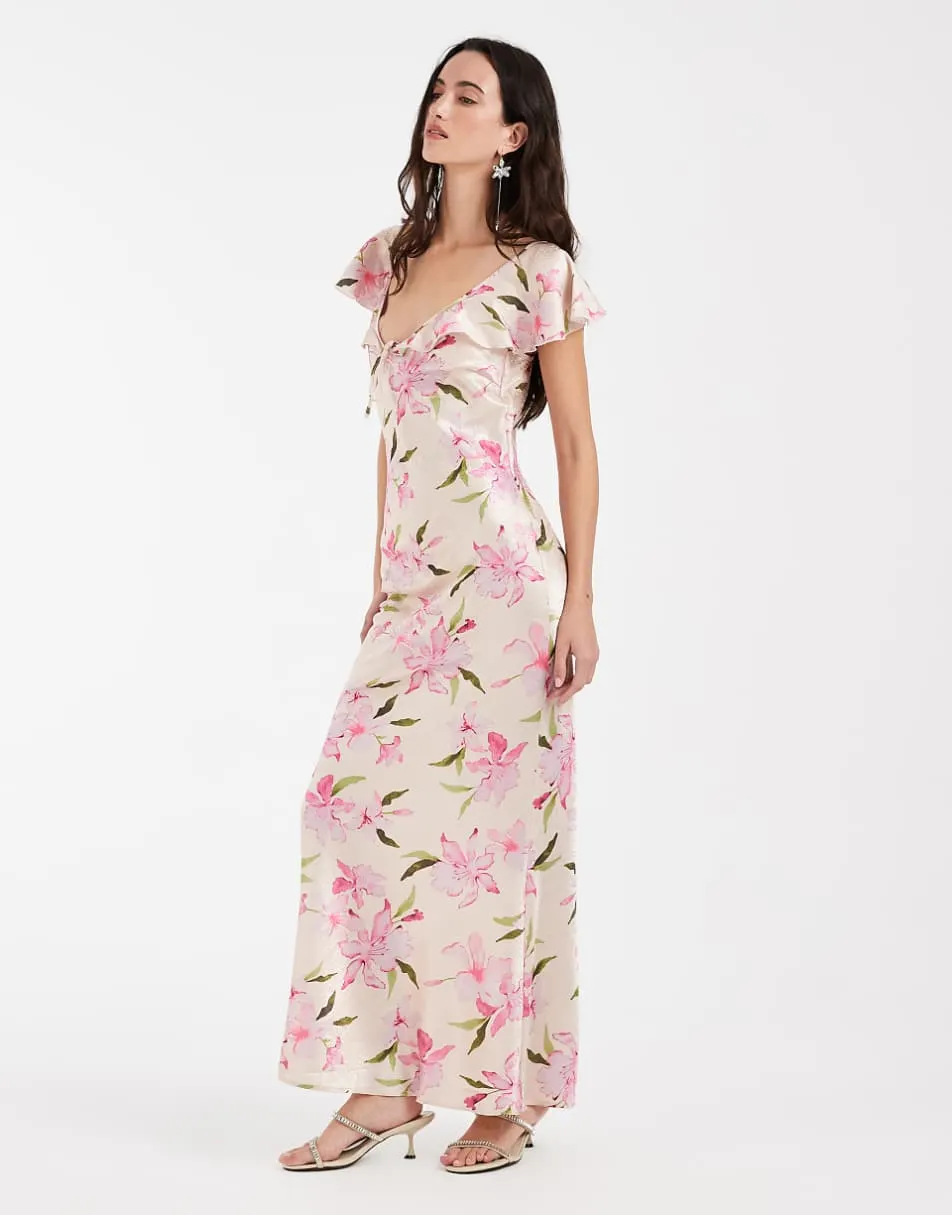 Vero Moda flutter sleeve satin maxi dress in cream based pink floral print