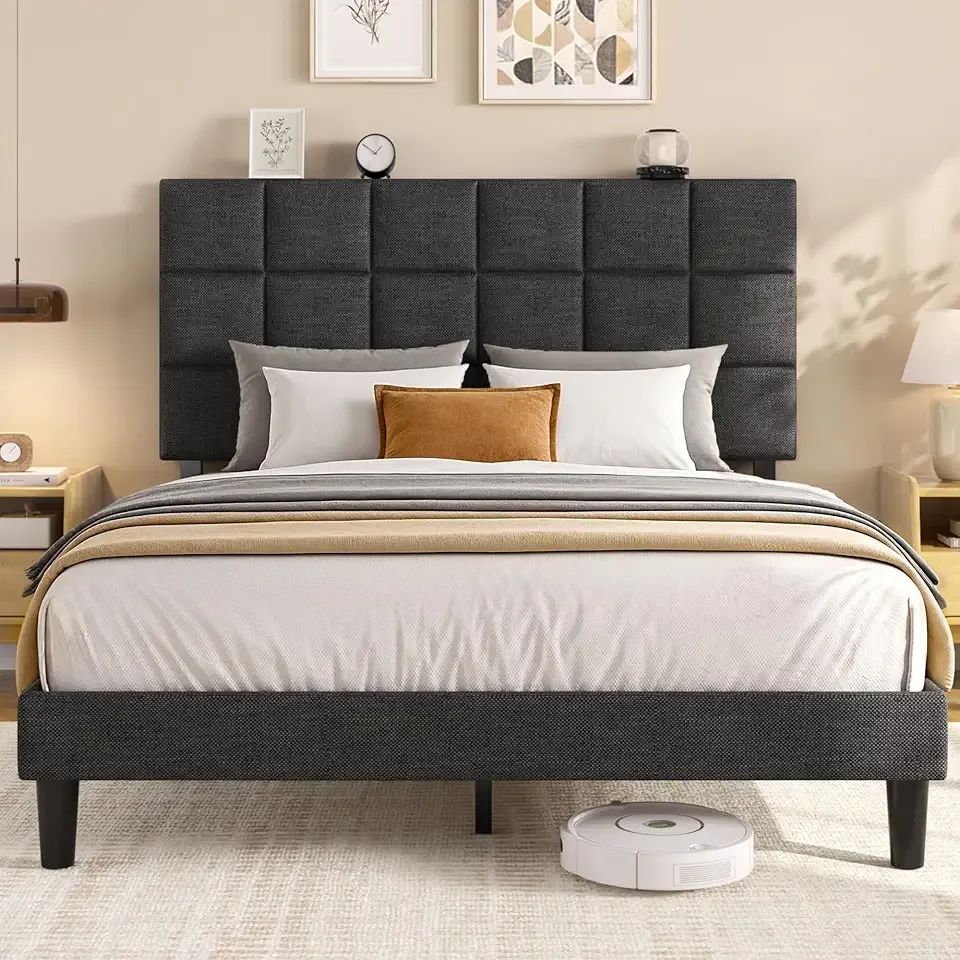 Fluest Queen Platform Bed Frame with Linen Upholstered Adjustable Tall Headboard, No Box Spring Needed, Anti-Noise EVA Sponge, Easy Assembly, One-Box Shipping, 7.5 Inch Under Bed Storage, Dark Grey