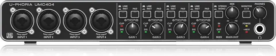 Behringer UMC404HD Audiophile 4x4, 24-Bit/192 Khz USB Audio/MIDI Interface with Midas Mic Preamplifiers | For Recording Microphones and Instruments