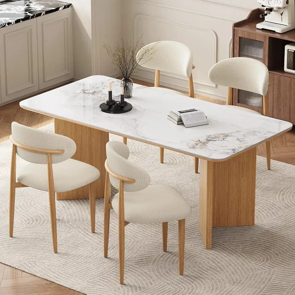 Dining Chairs Set of 4 Modern Upholstered Farmhouse Dining Room Chair with Metal Legs, Walnut Leg/Beige (Beige Seat/Wood-Grain Metal Legs, Set of 4)