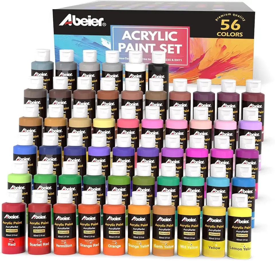 ABEIER Acrylic Paint Set, 56 Colors x 2 oz, Non-Toxic Matte Paint | Rich pigments, smooth blending, waterproof when dry, fade-resistant finish, multi-surface art and craft projects