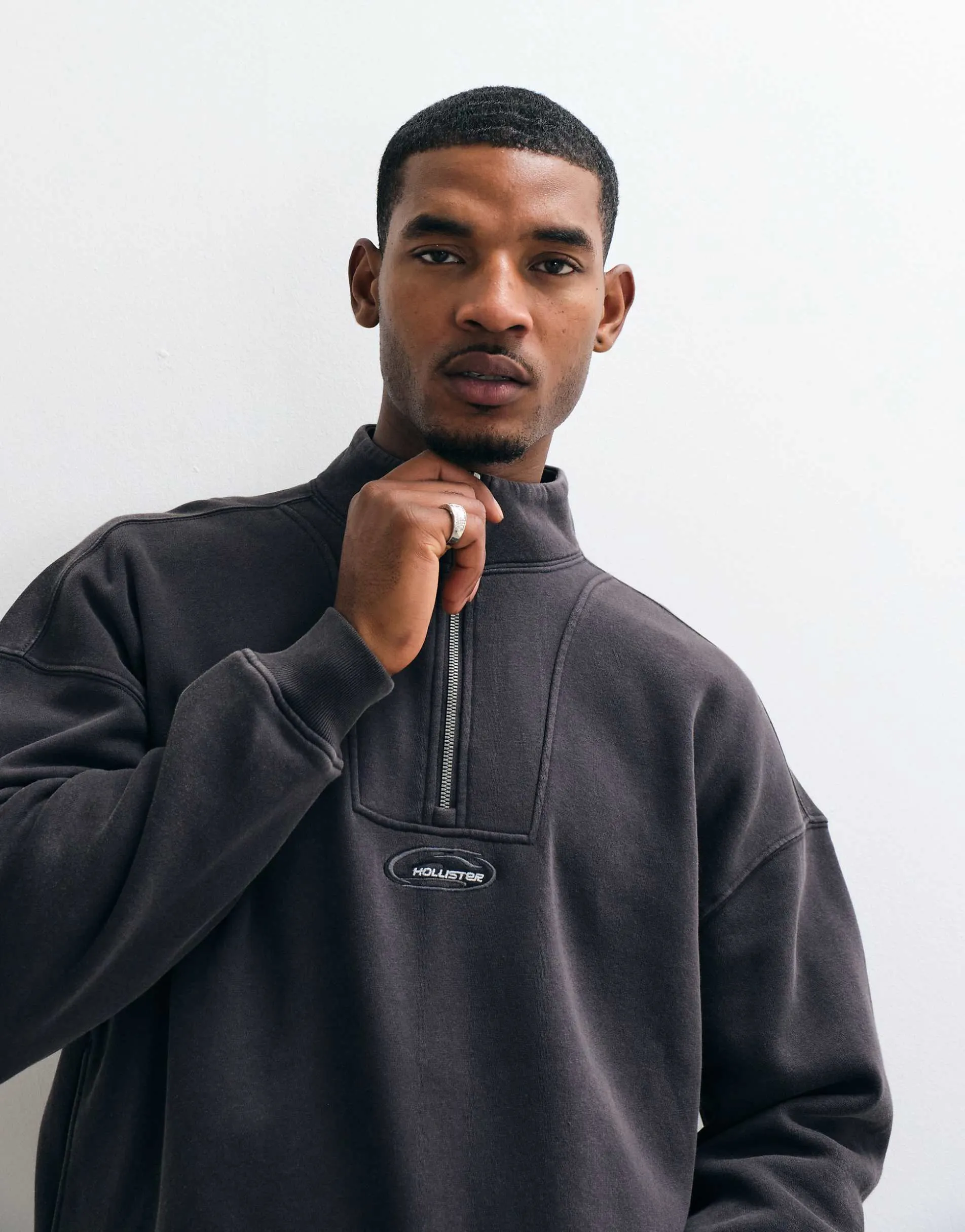 Hollister surf logo 1/4 zip sweatshirt in off black