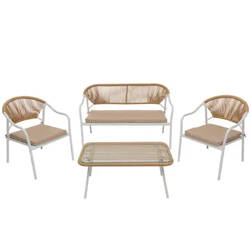 Set da giardino 4 pezzi Struttura in Acciaio Bianca, Schienale in Rattan, Top in vetro e Cuscini Tortora inclusi