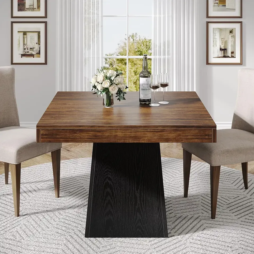 Tribesigns Square Dining Table for 4, 31.5-Inch Small Kitchen Table with Sturdy Pedestal Base, Farmhouse Dinner Table for Dining Room, Living Room, Kitchen, Dark Brown and Black