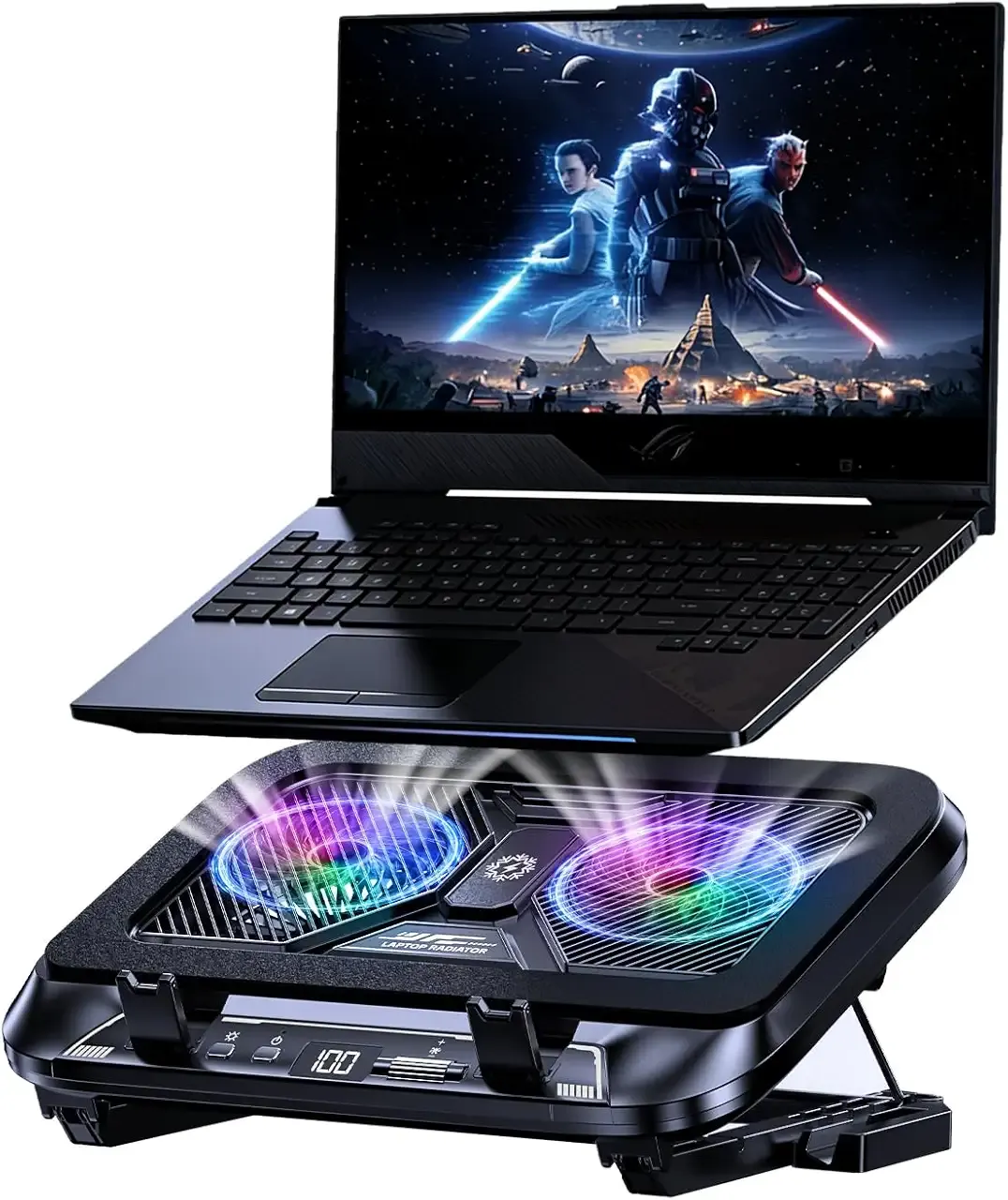 Laptop Cooling Pad with Dual Core Cooler, Gaming Laptop Cooler with 5.5in 2 Powerful Turbofan(9500 RPM), Fast Cooling Laptop 12-21in, 5 Height Stands, 100 Gear Speed, LCD Screen, RGB, Phone Holder