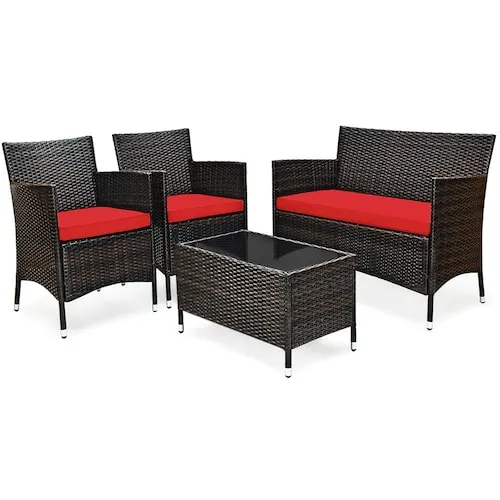 4PCS Rattan Patio Furniture Set Cushioned Sofa Chair Coffee Table Garden