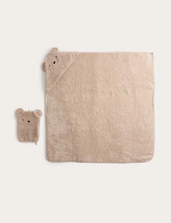 2-tlg. Set Kapuzentuch und Waschhandschuh aus reiner Baumwolle mit Bär