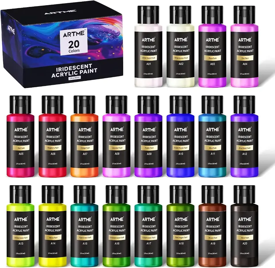 Artme Iridescent Acrylic Paint Set, 20 Chameleon Colors in 2 oz/60ml Bottles, Color-shifting Acrylic Paint Perfect for Artists, Beginners on Canvas, Rocks, Wood, Fabric, Ceramic