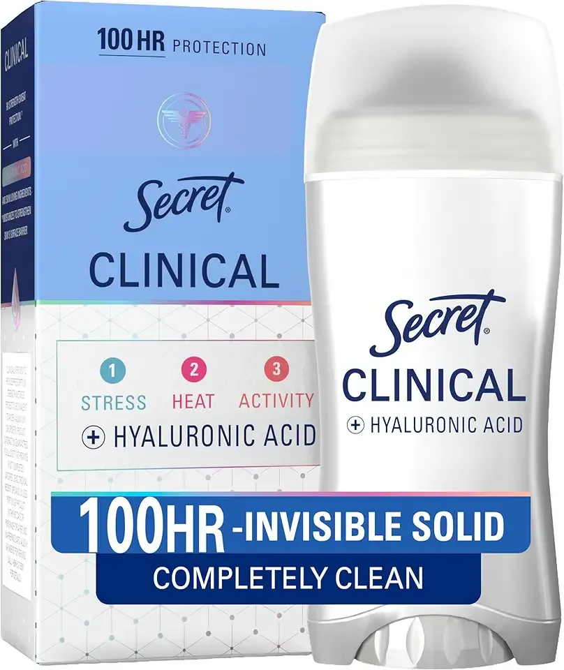 Secret Clinical Strength 100HR Sweat & Odor, Completely Clean Invisbile Solid Antiperspirant Deodorant for Women, 3X Stress Protection with Hyaluronic Acid, PH Balanced, Completely Clean Scent, 2.6 oz