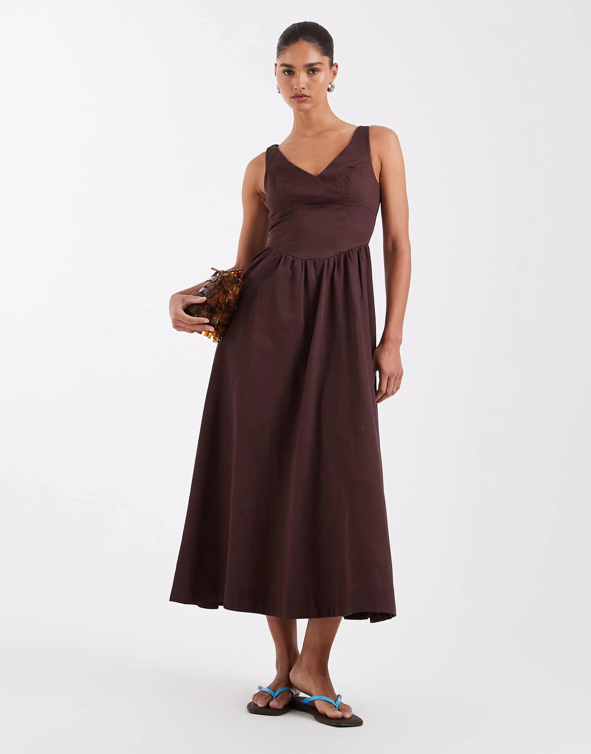 ASOS DESIGN waisted v neck maxi dress with seaming details in chocolate