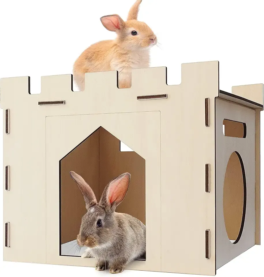 HIIMALEX Large Sturdy Bunny House with Spacious Balcony Hidey Detachable Playhouse for Rabbit Hideout Castle Tower Toys for Indoor Bunnies Guinea Pig Hamster Chinchilla Gerbil