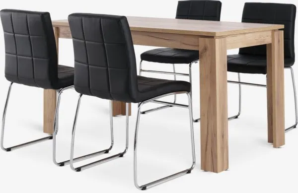 LINTRUP L140 tafel wild nat. eiken + 4 HAMMEL stoelen zwart