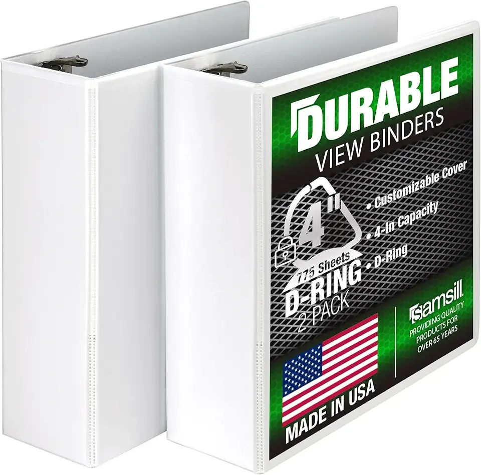 Samsill Durable 4 inch 3 Ring Binder, Made in USA, D Ring Binder, FSC 100% Recycled Chipboard, White, 2 Pack