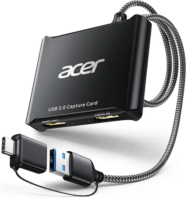 acer USB 3.0 HDMI Capture Card, 4K HDMI Loop-Out, 1080P 60Hz for Streaming | Low-Latency Audio Video Capture, USB Type-A & Type-C Ports, Compatible with Switch 2, PS5/PS4, Cameras, PC, OBS, Xbox