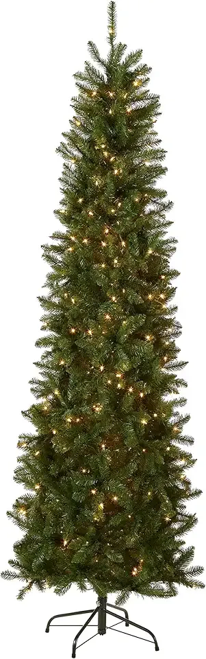 National Tree Company 7.5 ft Pre-Lit Kingswood Fir Slim Artificial Christmas Tree, 350 Clear Lights, 1,075 Tips, Includes Stand, Green