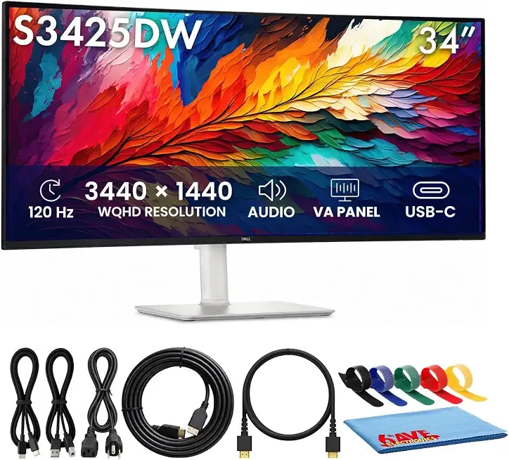 S3425DW 34" Plus Curved Monitor, WQHD 3440x1440, 120 Hz USB-C Bundle