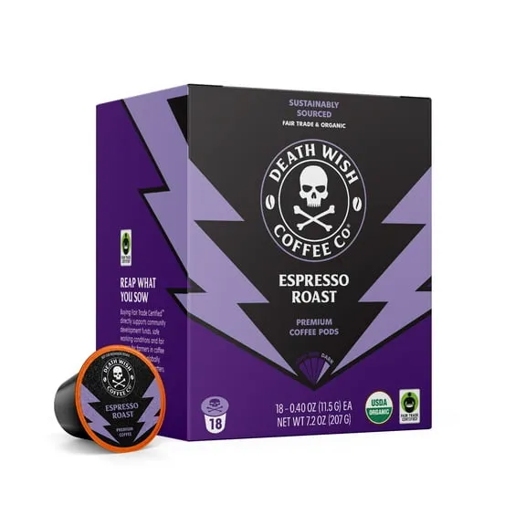 Death Wish Coffee, Organic and Fair Trade, Espresso Roast, Single-Serve Coffee Pods, 18 Count