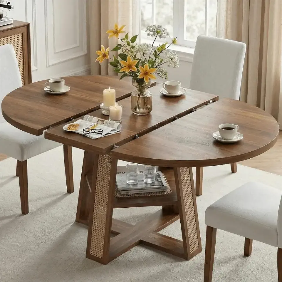LIKIMIO Dining Table, 43"-59" Extendable Round to Oval with Storage, Walnut | Wooden Oval Kitchen Table for 4-8 People, Rattan Style, Removable Leaves, Space-Saving for Kitchen Living Room