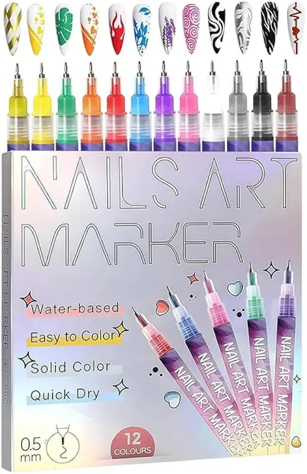 Professional Nail Art Pens Set – 12 Colors Dual Tip Acrylic Paint Markers for 3D Nail Design, DIY Painting, Manicure Tools with Fine Tip & Brush Tip – Non-Toxic, Quick-Drying, Water-Based Formula