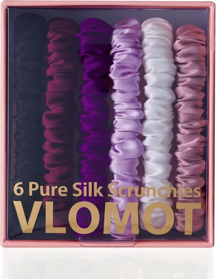 6 Pcs Set 100% Pure Mulberry Silk Hair Scrunchies - 6 Chic Colors Everyday Skinny Scrunchies Silk Ponytail Holders - No Damage (Purple)