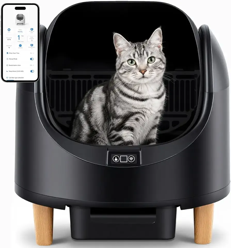CALMEN Self Cleaning Litter Box, Open Top Automatic Litter Box with App Control for Multiple Cats, Safety Sensors Protection, Odor Control Includes 3 roll Liners, Large Waste Bin