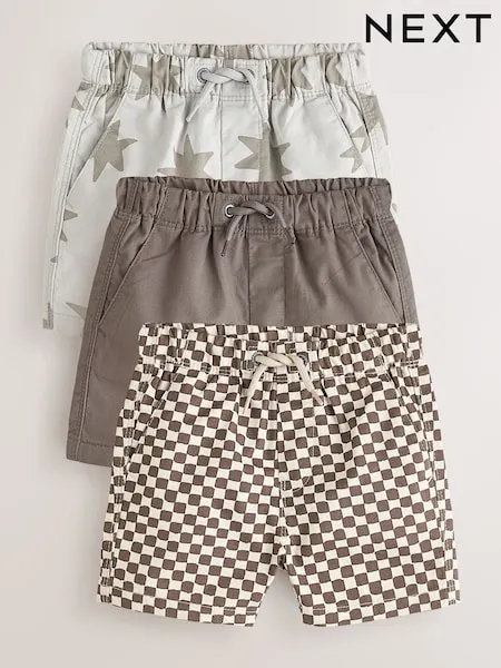 Brown/Star/Checkerboard Pull On Shorts 3 Pack (3mths-7yrs)
