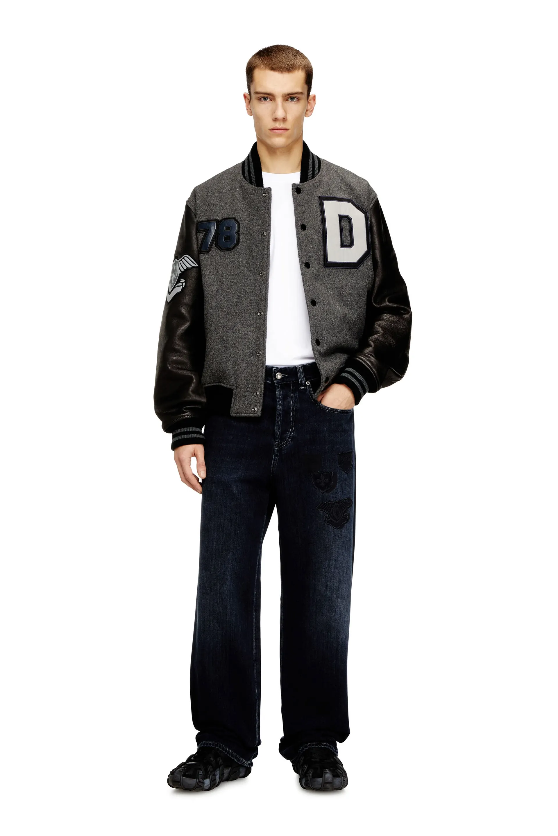 Varsity jacket in wool and leather