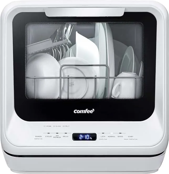 COMFEE' Portable Dishwasher Countertop with 5L Built-in Water Tank, No Hookup Needed, 6 Programs, 360° Dual Spray, 192℉ High-Temp& Air-Dry Function, Mini Dishwasher for RVs, White | No Hookup Needed for RVs, Dorm& Apartment High-Temp & Ai…