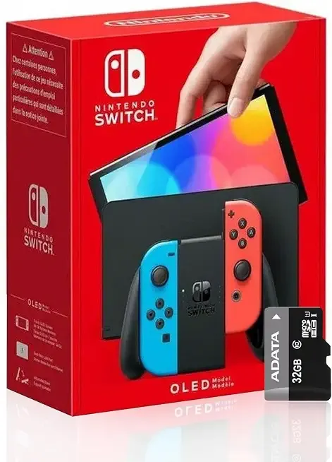 Nintendo Switch (OLED model) with Neon Blue and Neon Red Joy-Con and Extra 32GB Micro SD Card - Global Version