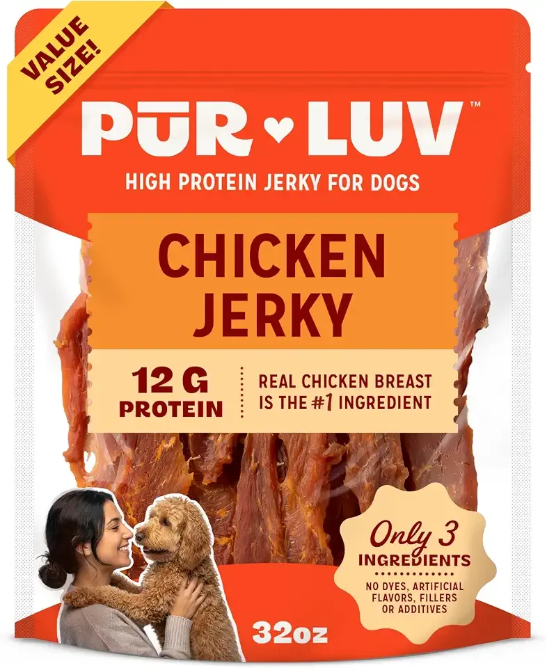 Pur Luv Chicken Jerky Dog Treats, Made with 100% Real Chicken Breast, 32 Ounces, Healthy, Easily Digestible, Long-Lasting, High Protein, Satisfies Dog's Urge to Chew