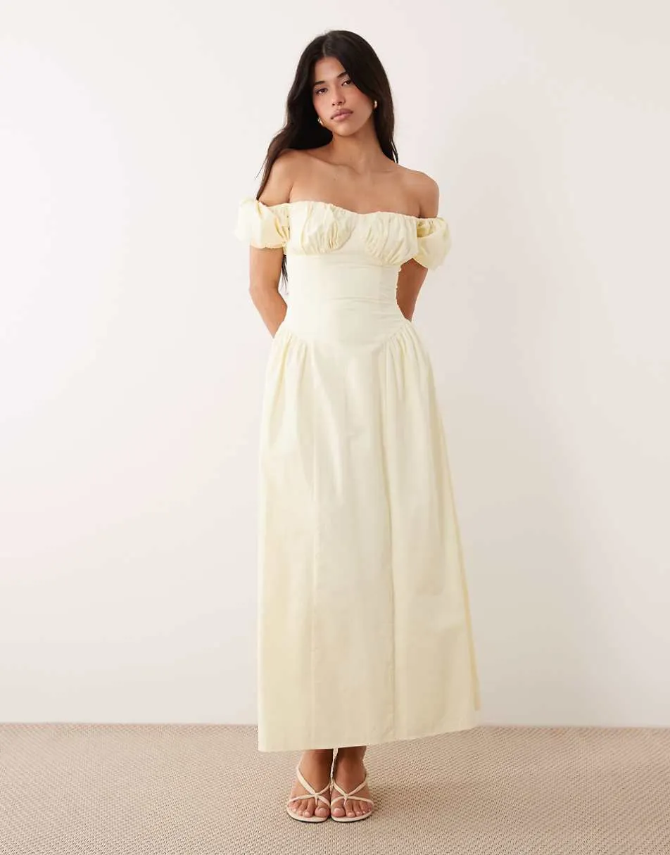 Kaiia exclusive cotton milkmaid puff sleeve hip pleat detail maxi dress in lemon