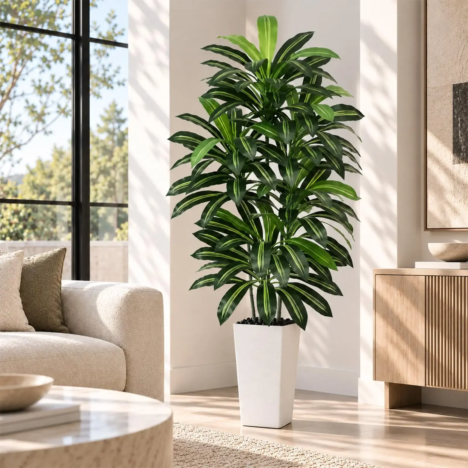 Artificial Dracaena Tree 5FT / White Planter, Tall Plants Indoor | Realistic Tropical Large Fake Trees, Faux Greenery Silk Floor Yucca Potted Trees for Home Office Living Room Bedroom Decor