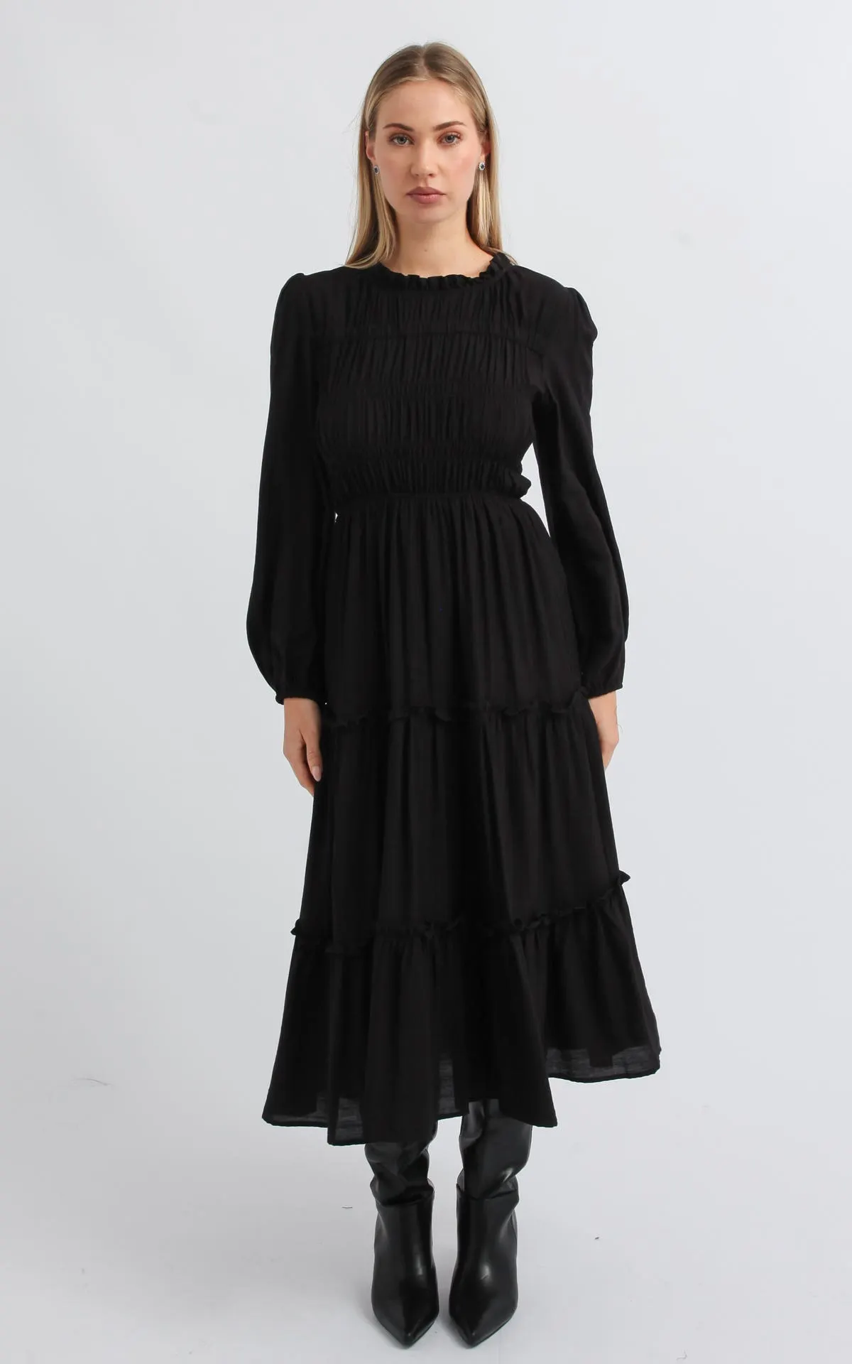 Voile Shirred Bodice LS Dress