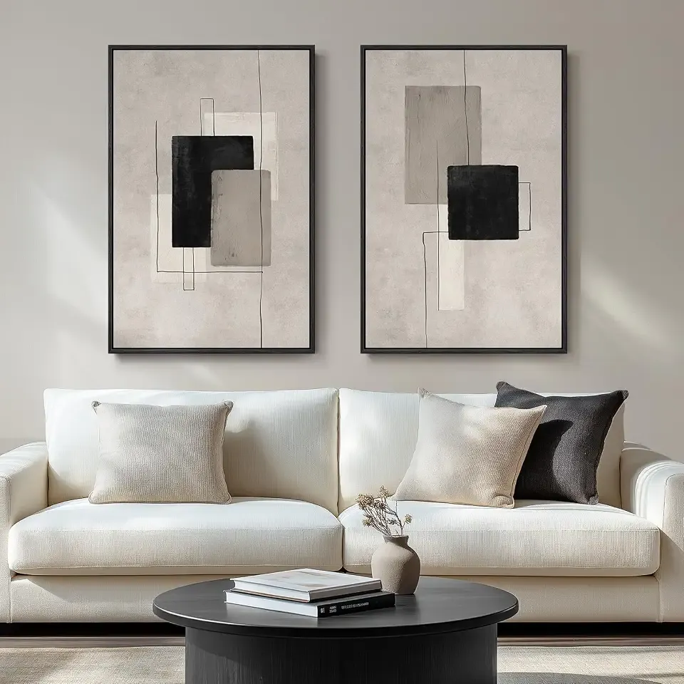 Large Framed Neutral Abstract Wall Art for Living Room Set of 2, 24x36 In | Block lines, Canvas prints, Modern paintings, Minimalist pictures, Black beige, Geometric, Dining room, Bedroom wall decor