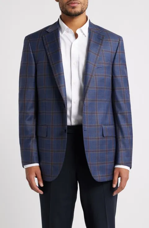 Flynn Classic Fit Navy & Brown Plaid Wool Sport Coat