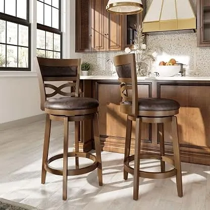 Sophia & William 26 Inch Swivel Bar Stools Set of 2, Counter Height Stools | Rustic Wooden Barstools with Back & Solid Wood Legs, Faux Leather Swivel Bar Chairs for Kitchen Island, Jacobean Sophia & William 26 Inch Swivel Bar Stools Set of 2, C…