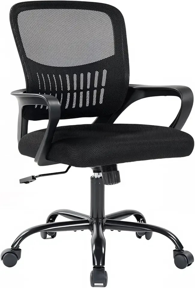 DUMOS Home Office Computer Chair - Ergonomic Mid Back Desk with Lumbar Support and Rocking Mode, Height Adjustable with Fixed Armrest, for Conference Meeting Room, 360° Swivel, Adults, Black