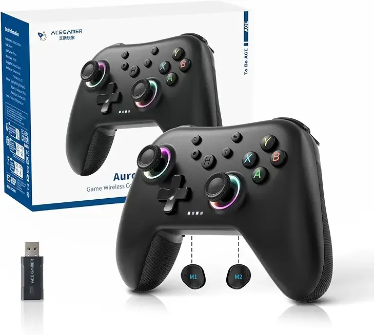 AceGamer Aurora II 2.4G Wireless Bluetooth Controller for PC/Android/Switch/iOS/Switch 2/Steam Deck with Rotary Motors, RGB Hall Effect Joysticks - Upgraded PC Gaming Controller and Back Buttons Lock
