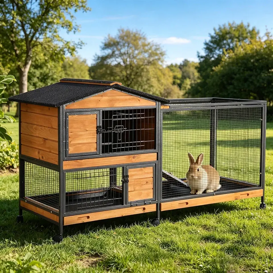 Rabbit Hutch Bunny Cage Strong Iron Frame Rabbit Cage Indoor and Outdoor Chicken Coop with Casters Waterproof Roof, Great for Rabbit,Bunny,Guinea Pig,Chickens.
