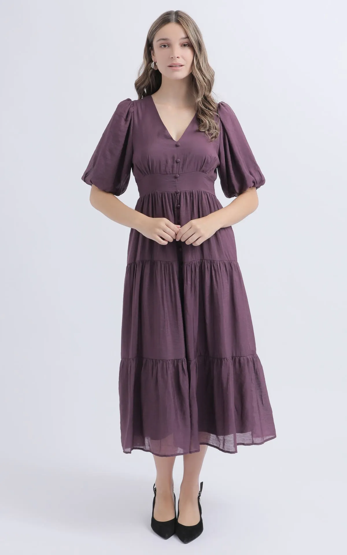 Voile Button Front Puff Slv Dress